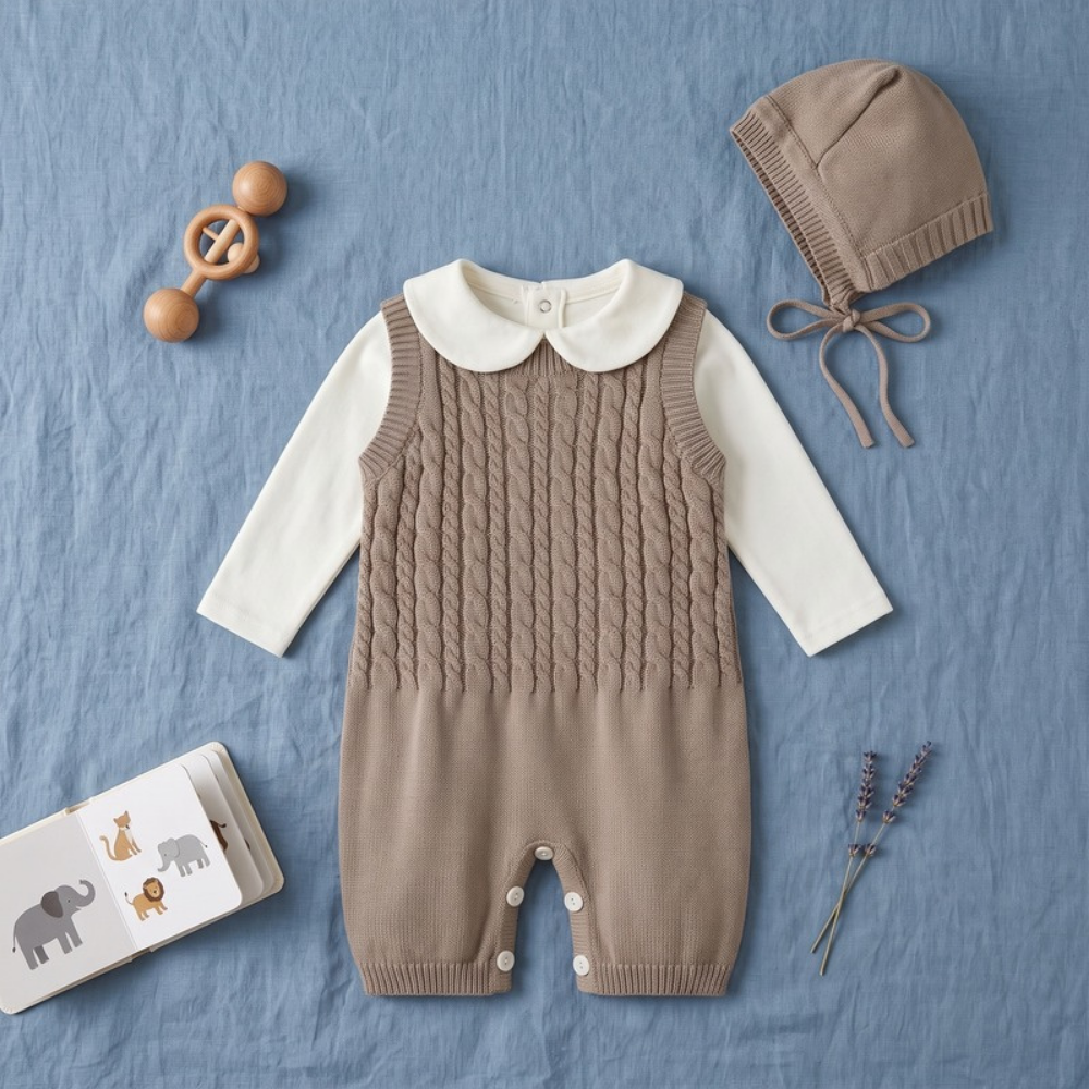 Lilo Cable Knit Strap Romper with Hat - Oatmeal