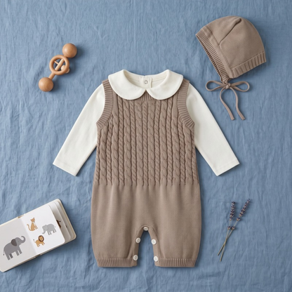 Lilo Cable Knit Strap Romper with Hat - Oatmeal