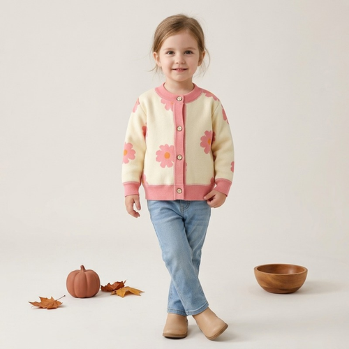 Lilo Thick Knit Button Cardigan - Pink Flower