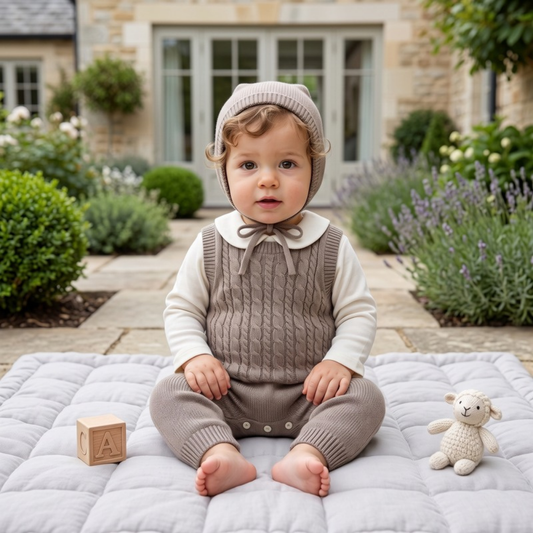 Lilo Cable Knit Strap Romper with Hat - Oatmeal