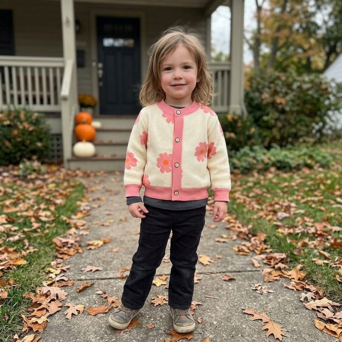 Lilo Thick Knit Button Cardigan - Pink Flower