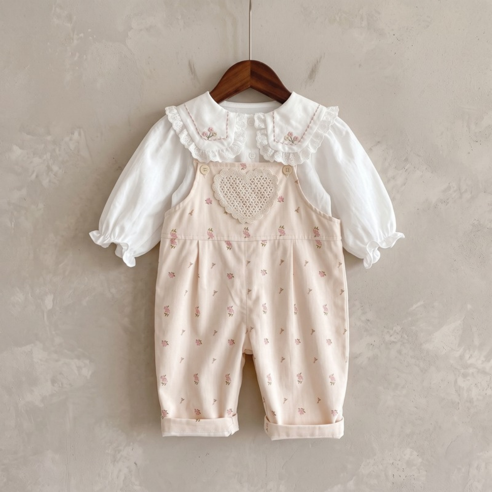 Lilo Floral Heart Dungarees - White Blouse