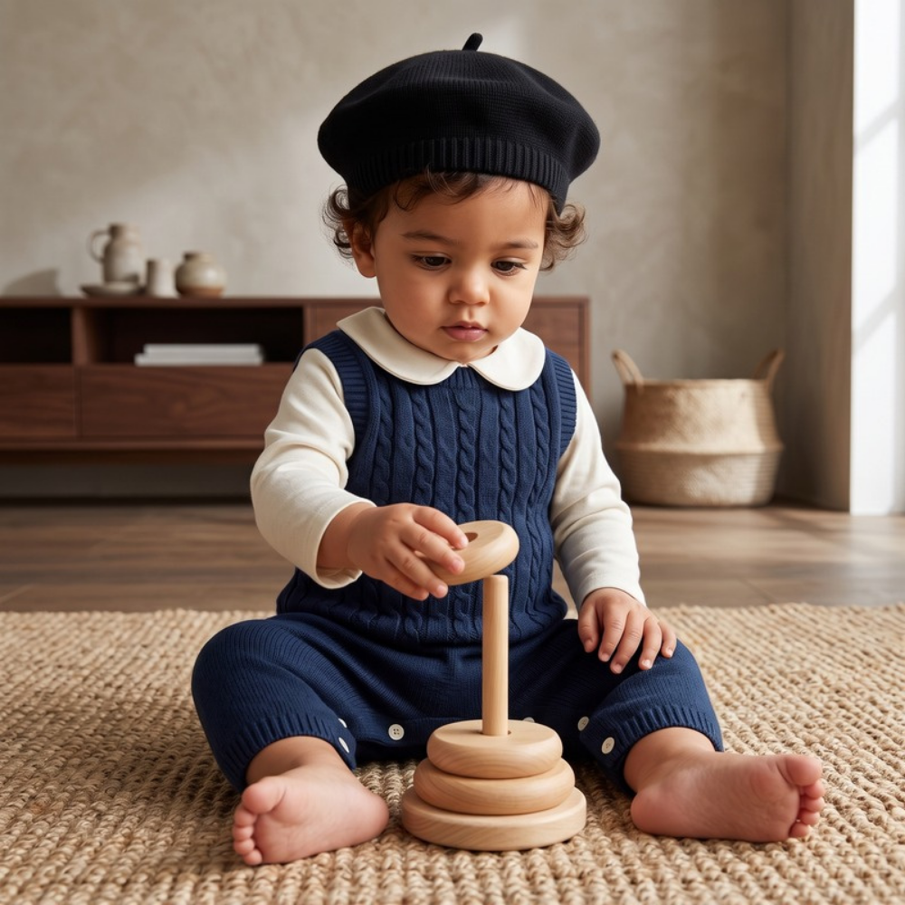 Lilo Cable Knit Strap Romper with Hat - Navy