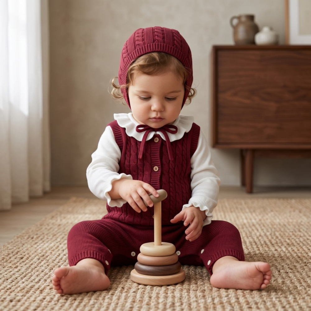 Lilo Cable Knit Strap Romper with Hat - Red