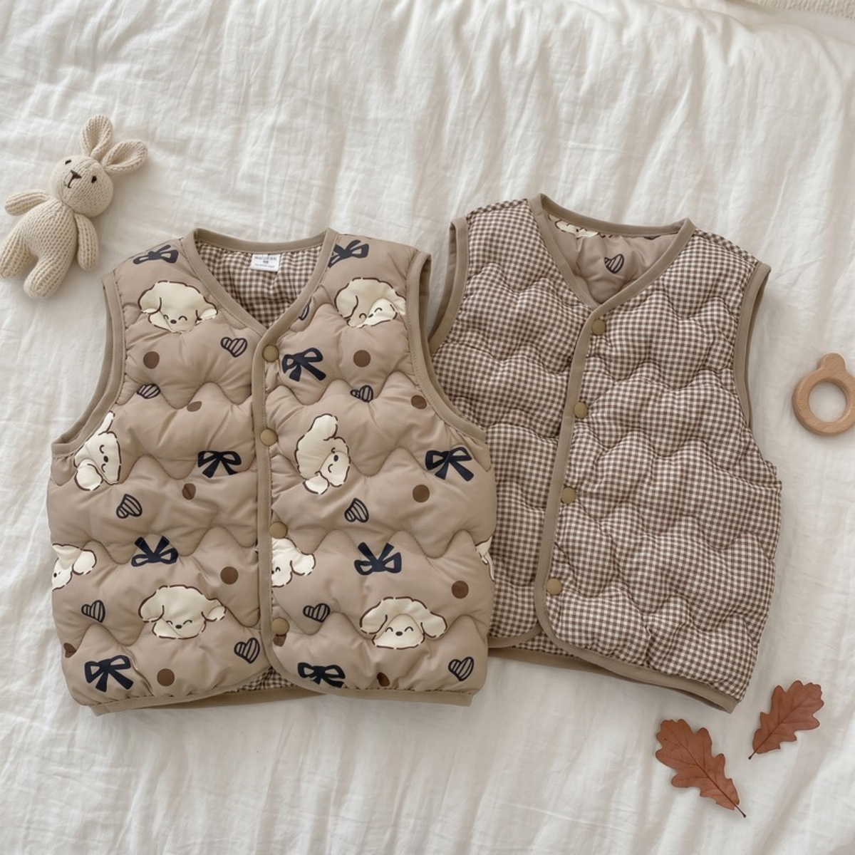 Lilo Reversible Printed Vest - Taupe Bow & Puppy