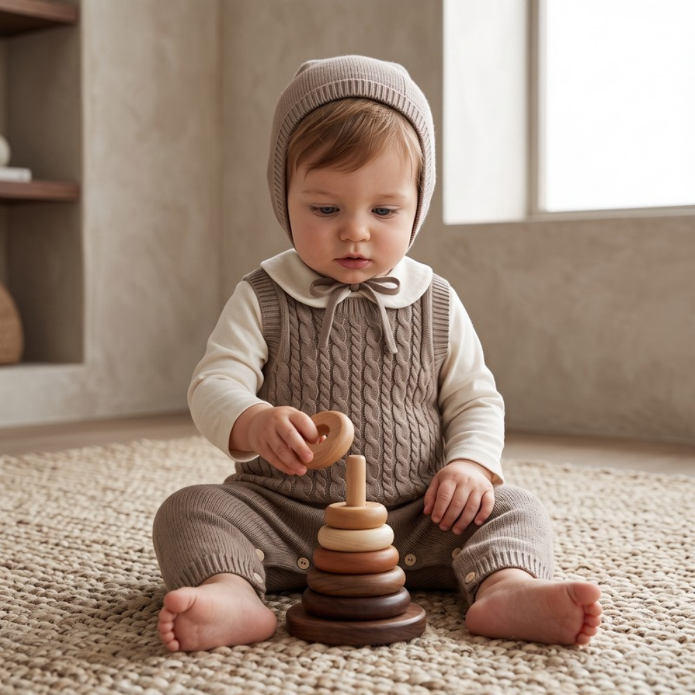 Lilo Cable Knit Strap Romper with Hat - Oatmeal