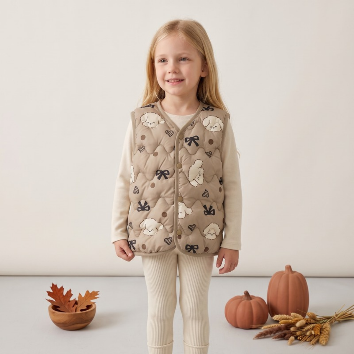 Lilo Reversible Printed Vest - Taupe Bow & Puppy