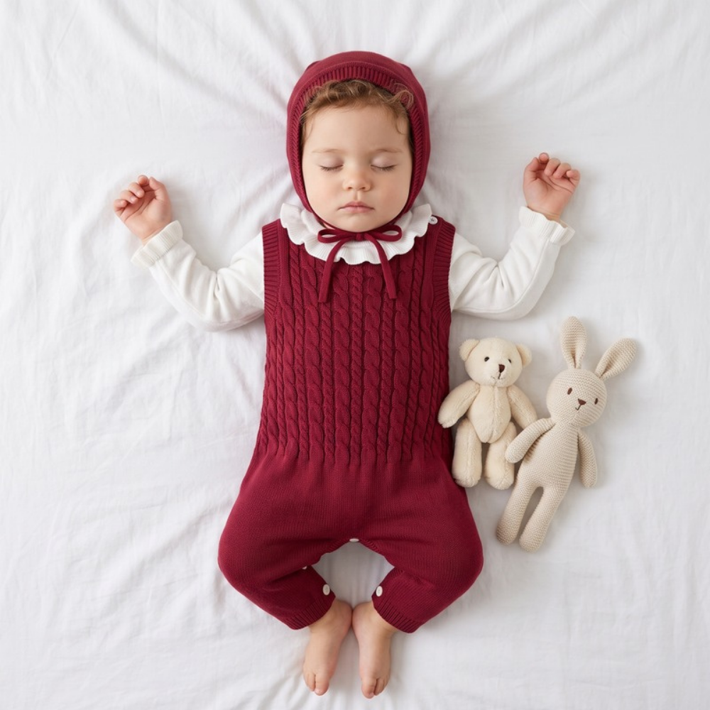 Lilo Cable Knit Strap Romper with Hat - Red