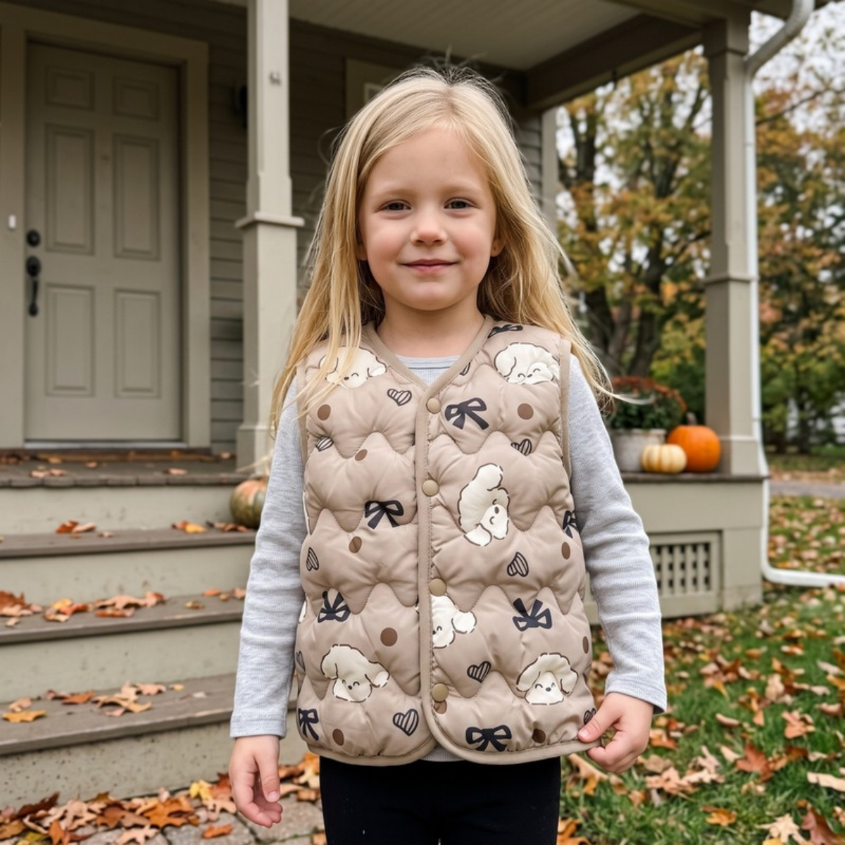 Lilo Reversible Printed Vest - Taupe Bow & Puppy