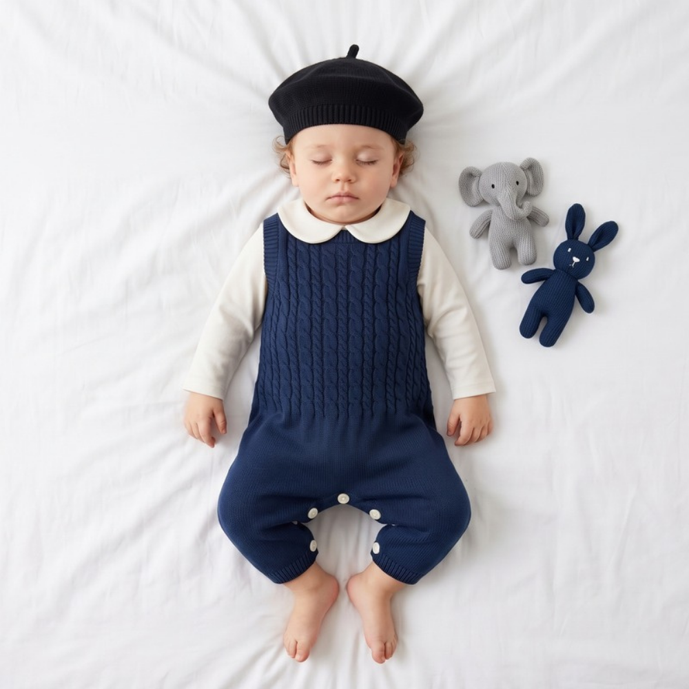 Lilo Cable Knit Strap Romper with Hat - Navy