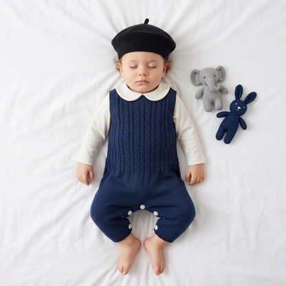 Lilo Cable Knit Strap Romper with Hat - Navy