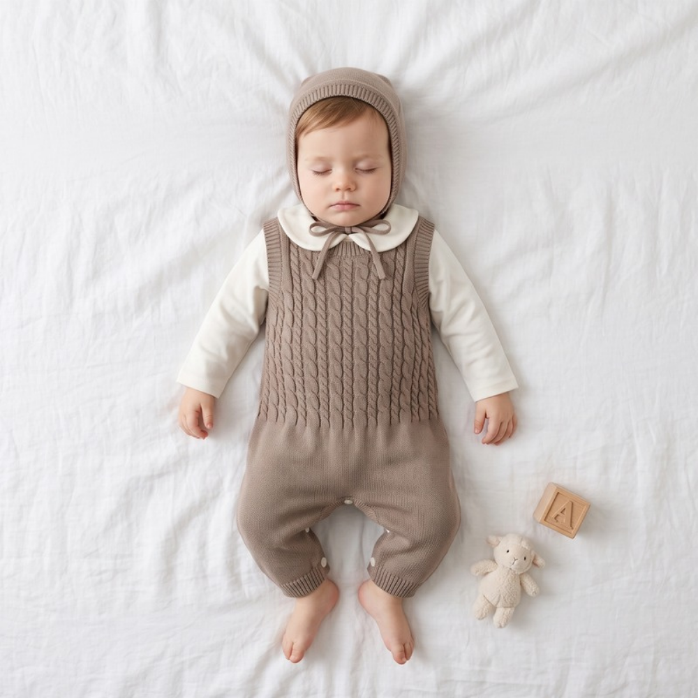Lilo Cable Knit Strap Romper with Hat - Oatmeal