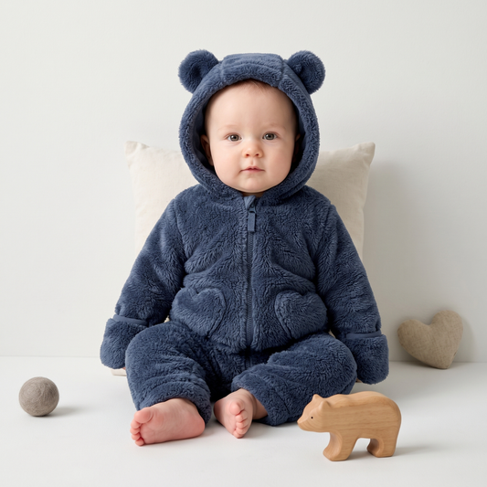 Lilo Plush Bear Hooded Baby Jumpsuit - Navy