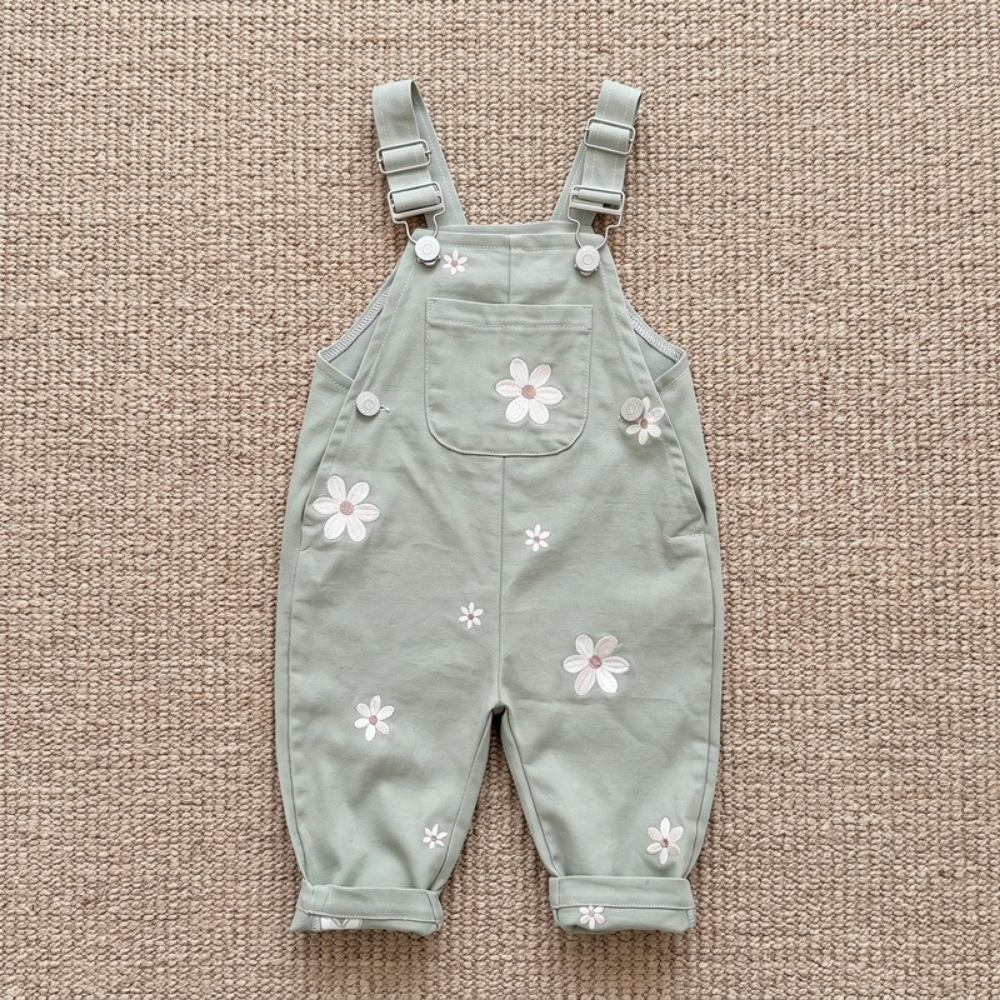 Lilo Floral Embroidered Dungaree Romper - Sage Green