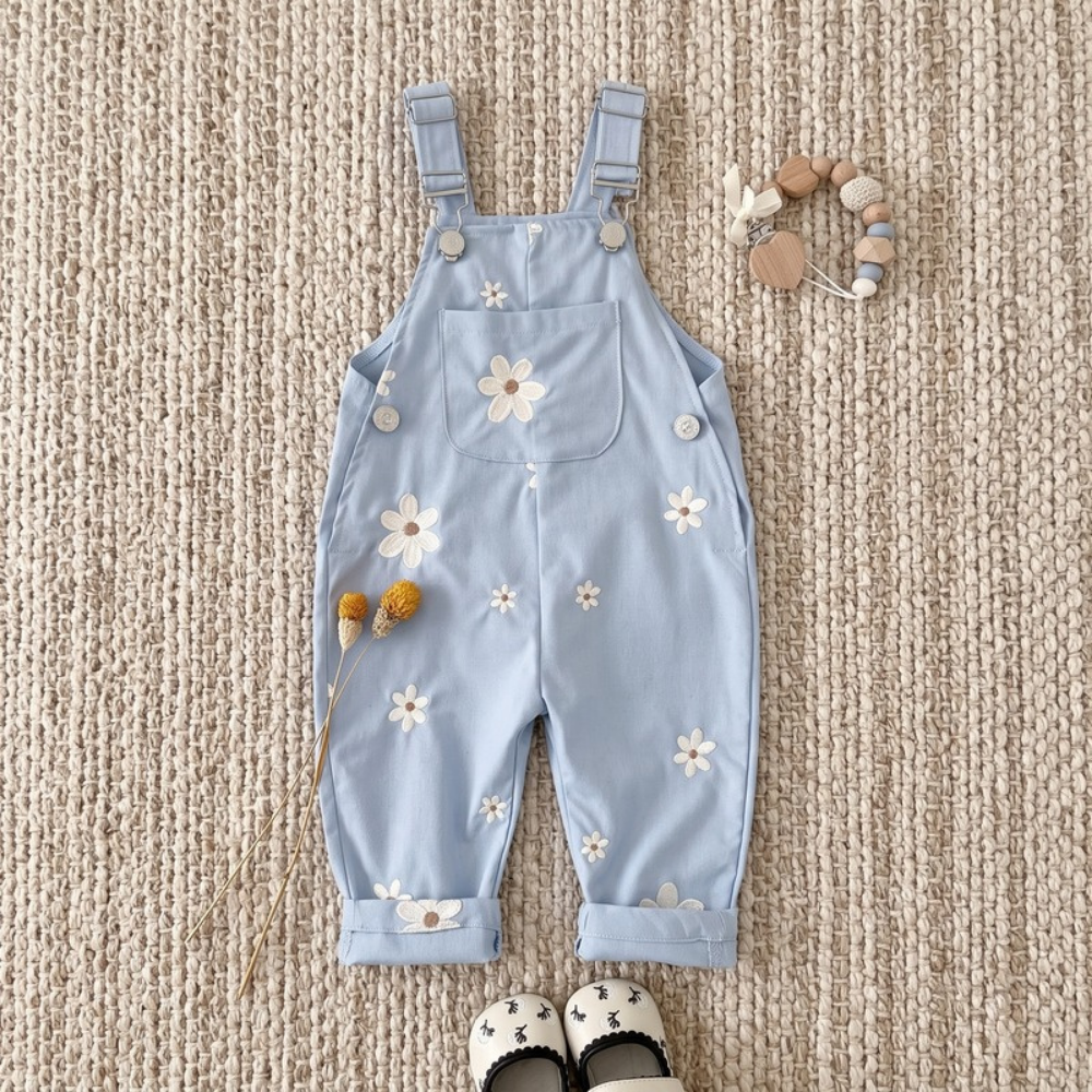Lilo Floral Embroidered Dungaree Romper - Light Blue