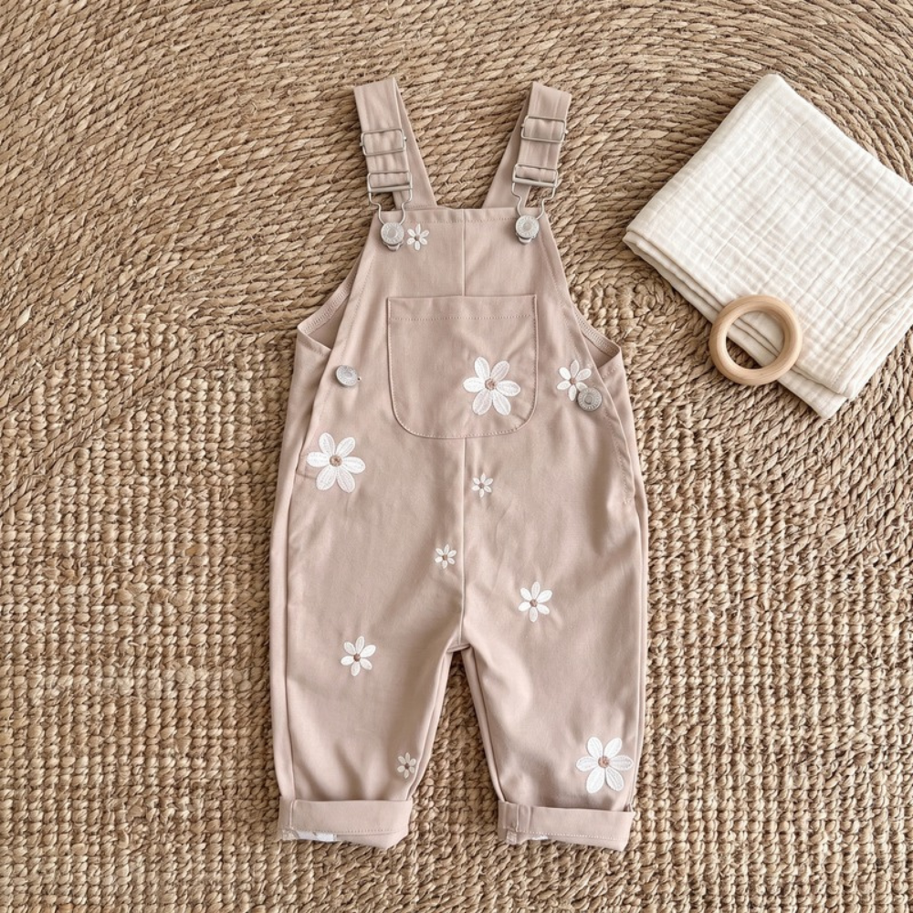 Lilo Floral Embroidered Dungaree Romper - Camel