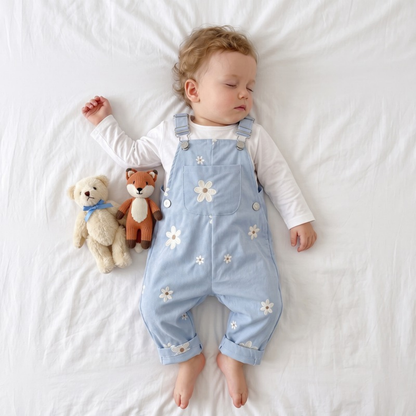Lilo Floral Embroidered Dungaree Romper - Light Blue
