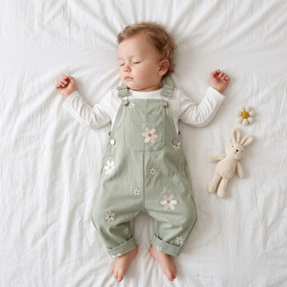 Lilo Floral Embroidered Dungaree Romper - Sage Green