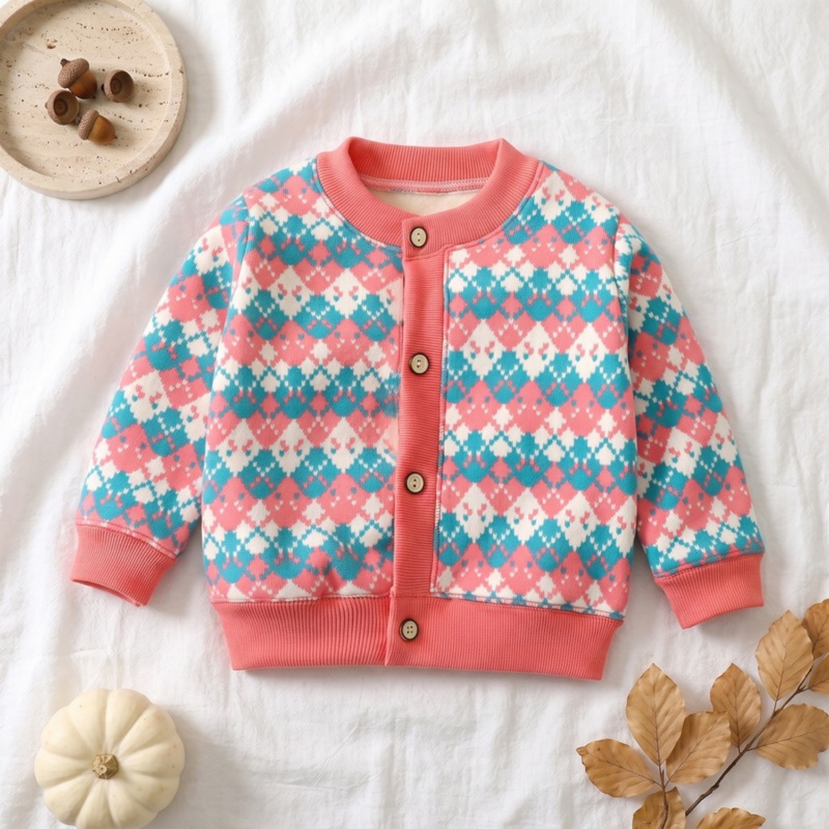 Lilo Thick Knit Button Cardigan - Pink Blue Argyle