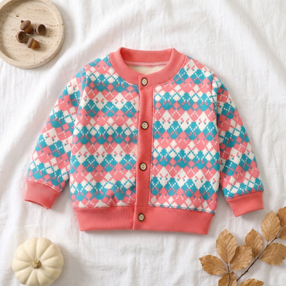 Lilo Thick Knit Button Cardigan - Pink Blue Argyle