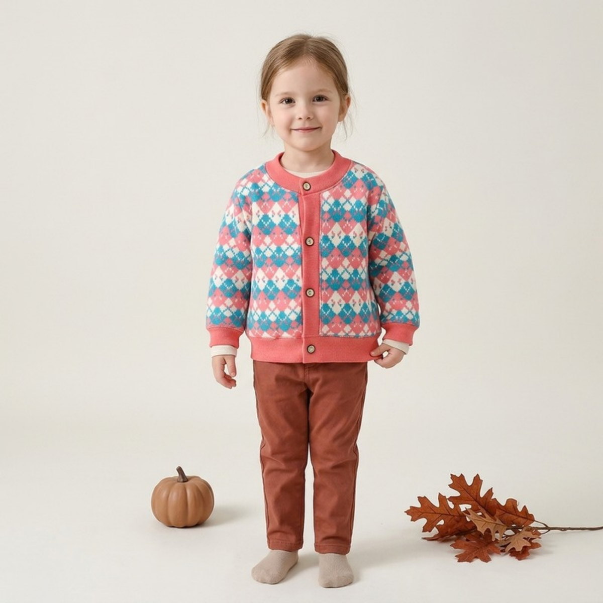 Lilo Thick Knit Button Cardigan - Pink Blue Argyle