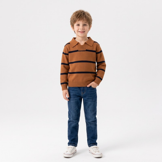 Lilo Stripe Kids Knit Polo - Camel Stripe
