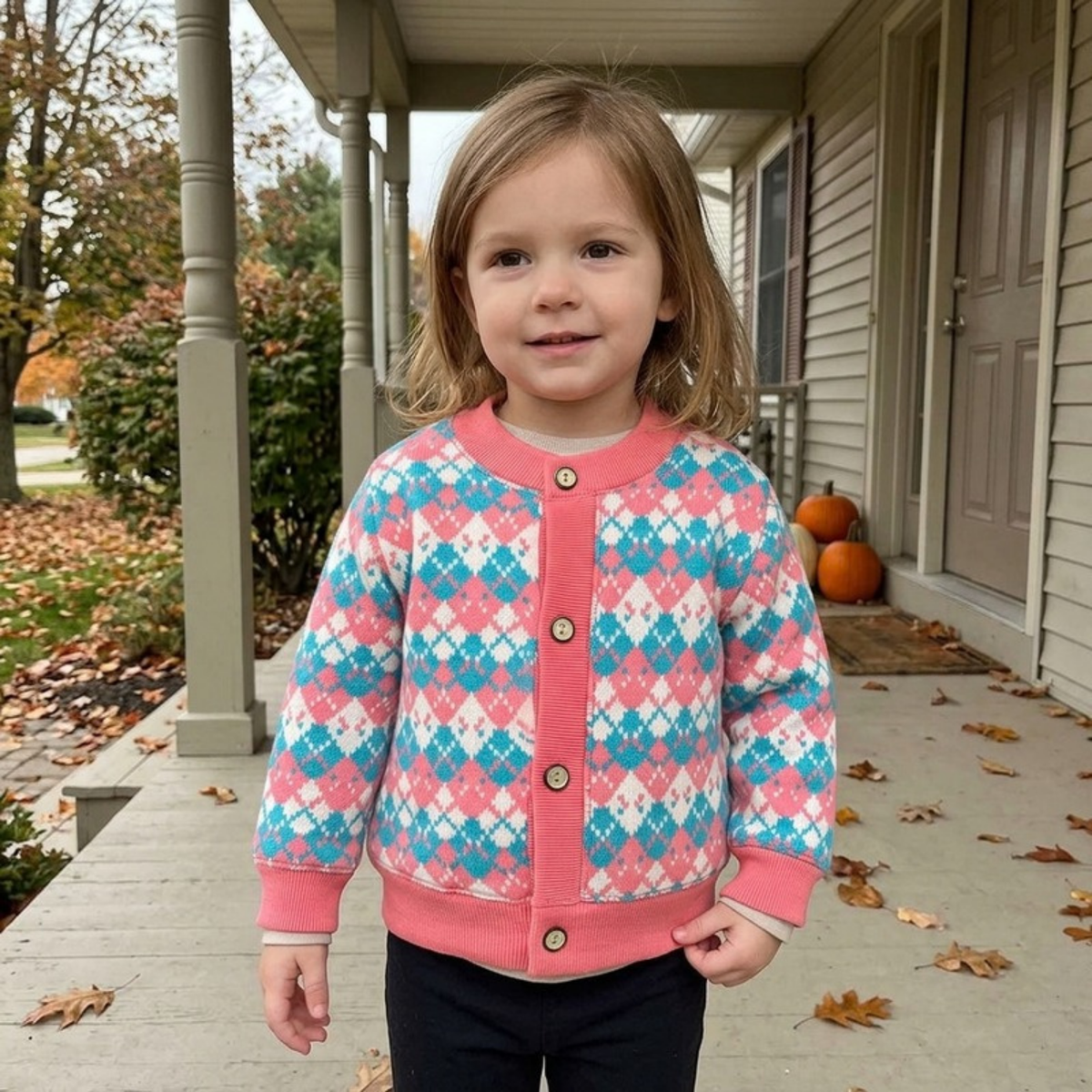 Lilo Thick Knit Button Cardigan - Pink Blue Argyle