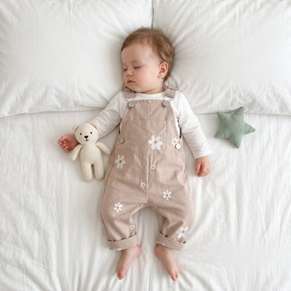 Lilo Floral Embroidered Dungaree Romper - Camel