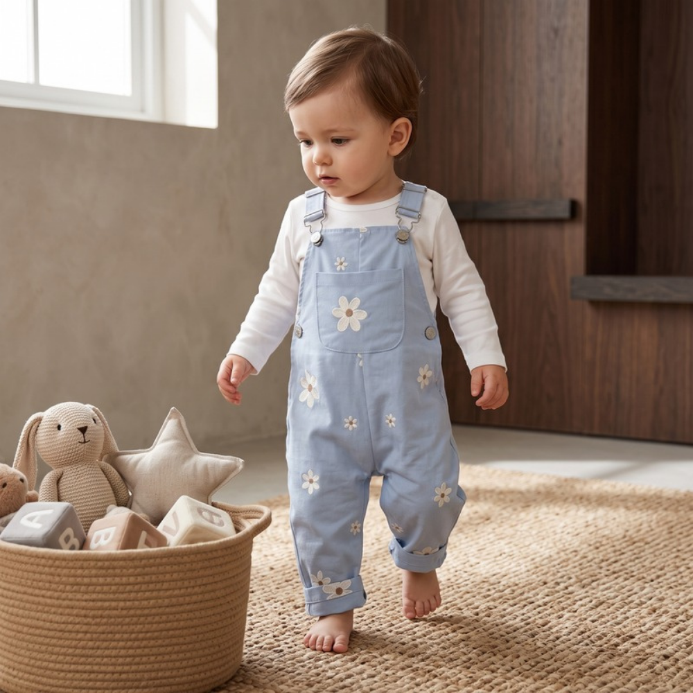 Lilo Floral Embroidered Dungaree Romper - Light Blue