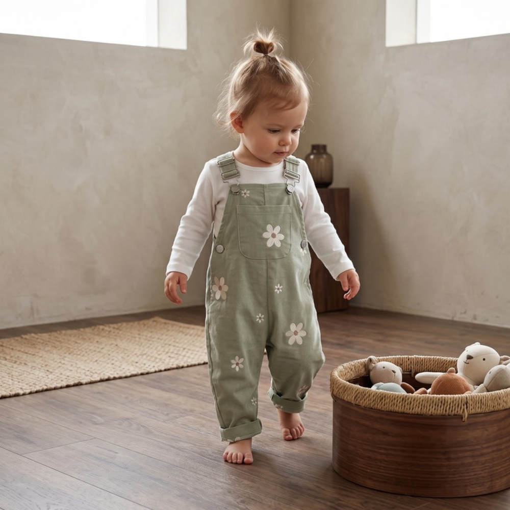 Lilo Floral Embroidered Dungaree Romper - Sage Green