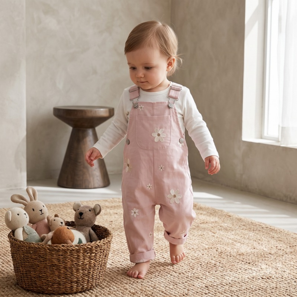 Lilo Floral Embroidered Dungaree Romper - Pink