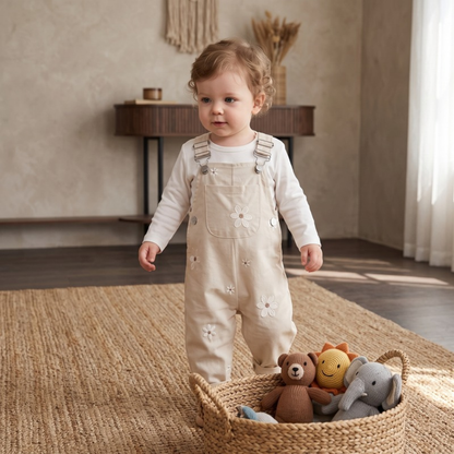 Lilo Floral Embroidered Dungaree Romper - Cream