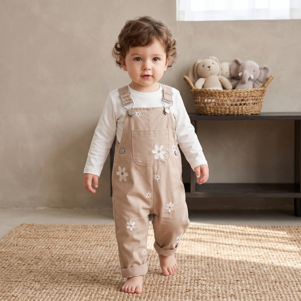 Lilo Floral Embroidered Dungaree Romper - Camel