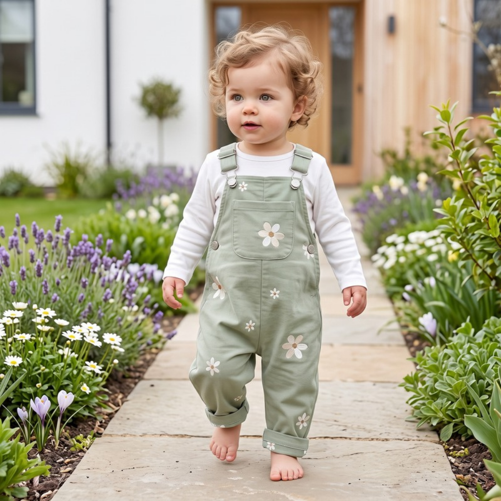 Lilo Floral Embroidered Dungaree Romper - Sage Green