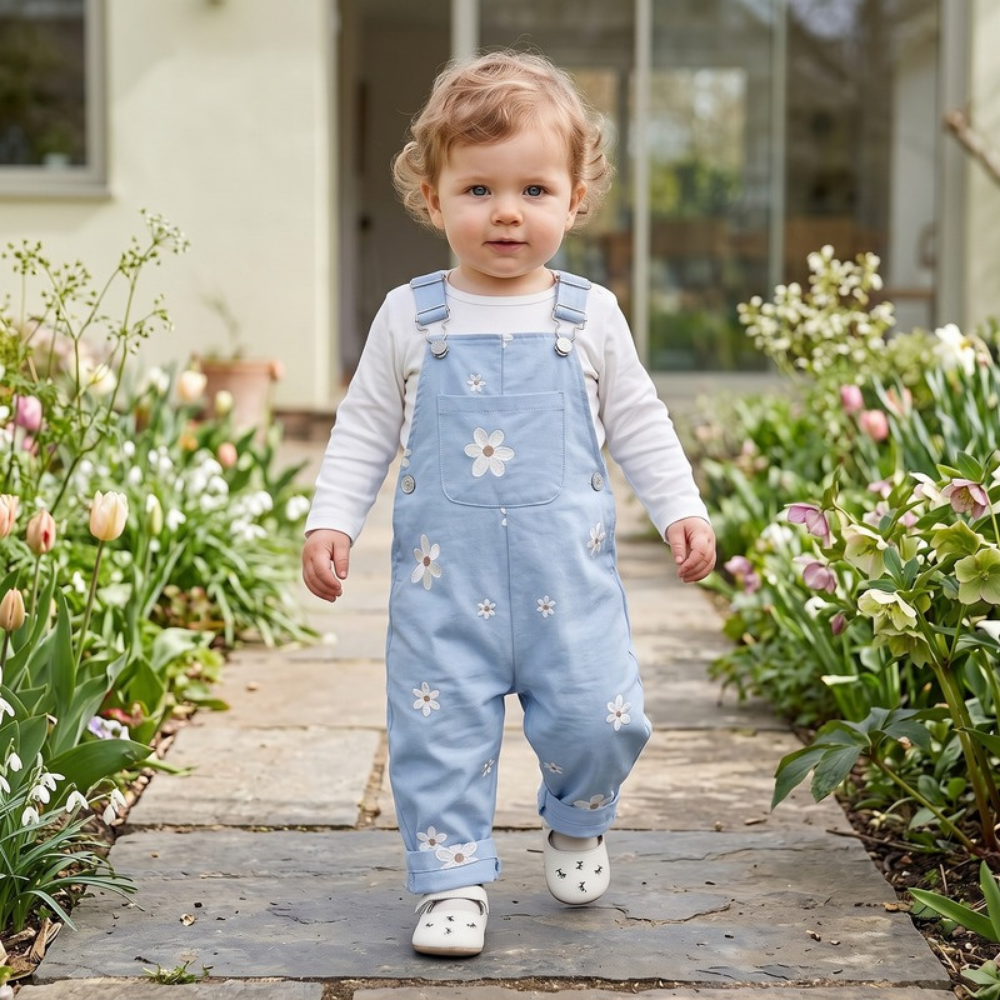 Lilo Floral Embroidered Dungaree Romper - Light Blue