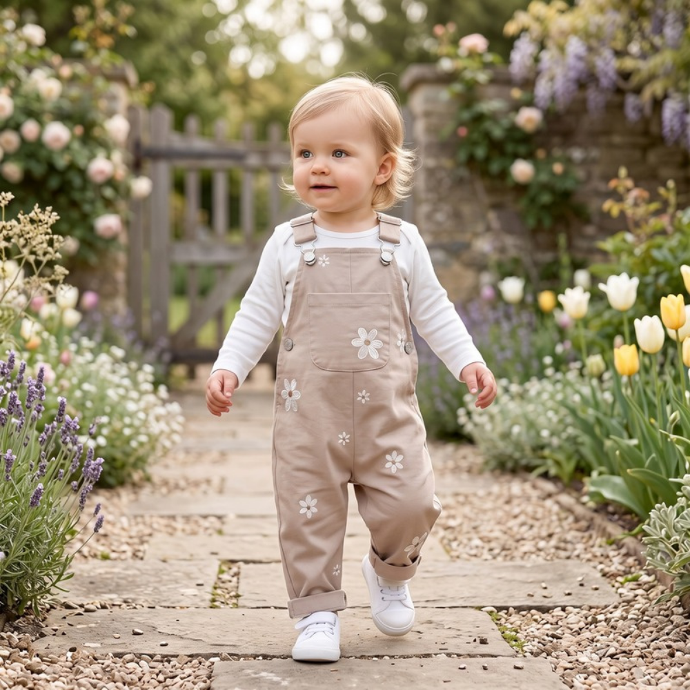 Lilo Floral Embroidered Dungaree Romper - Camel