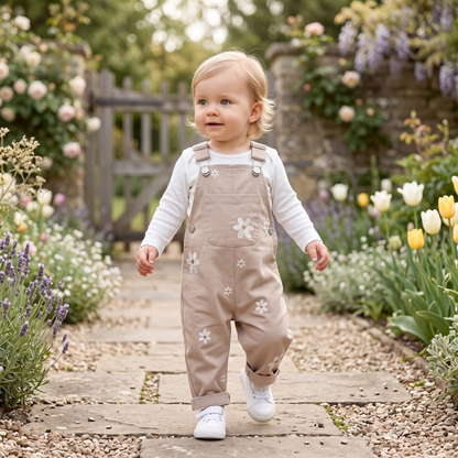 Lilo Floral Embroidered Dungaree Romper - Camel