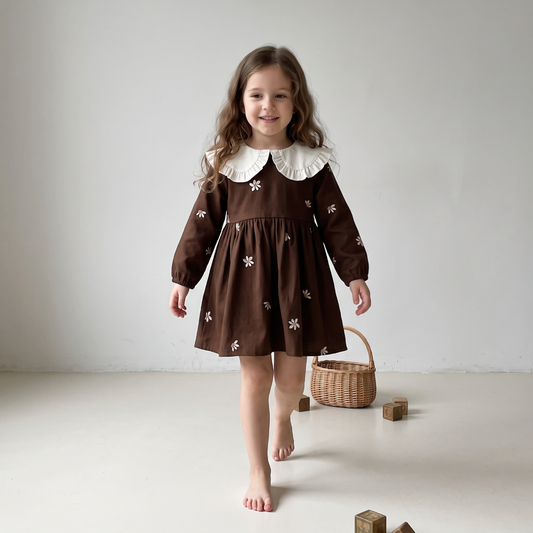 Lilo Embroidered Floral Collar Dress - Chocolate Brown
