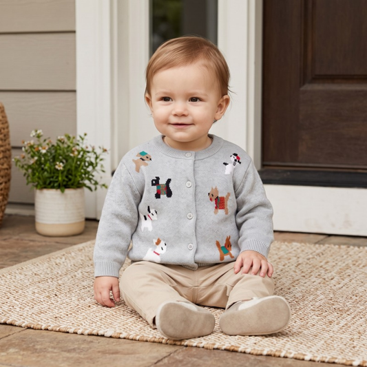 Lilo Baby Animal Knit Cardigan - Grey Puppy