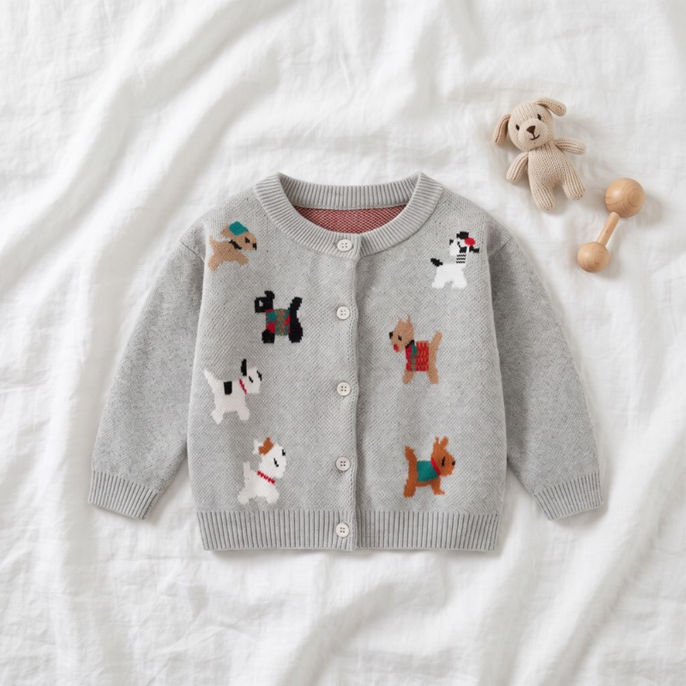 Lilo Baby Animal Knit Cardigan - Grey Puppy
