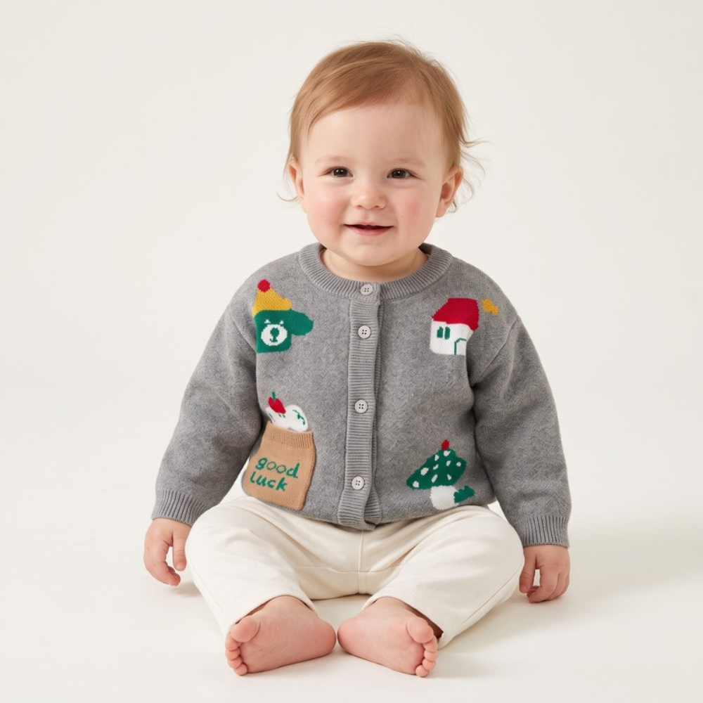 Lilo Baby Animal Knit Cardigan - Grey Good Luck