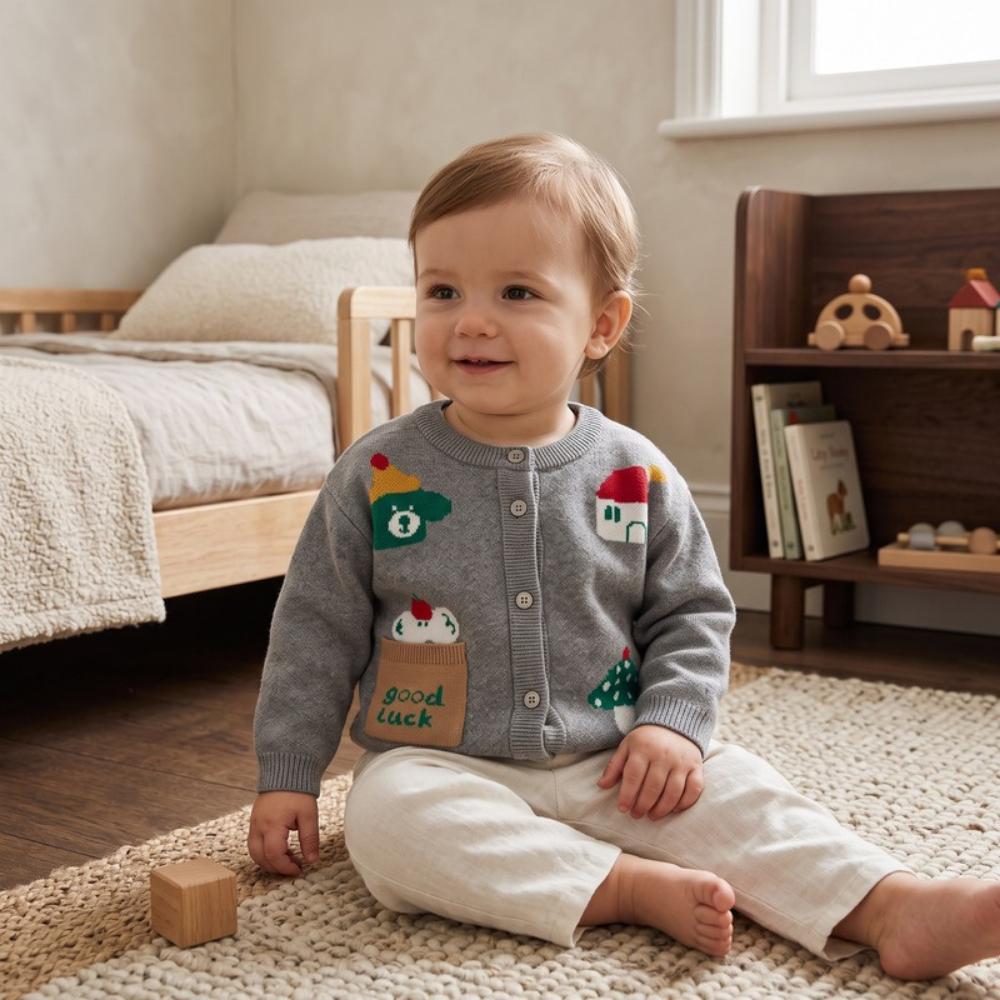 Lilo Baby Animal Knit Cardigan - Grey Good Luck