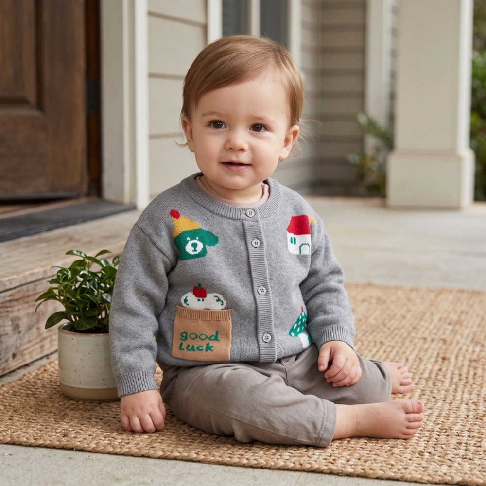 Lilo Baby Animal Knit Cardigan - Grey Good Luck