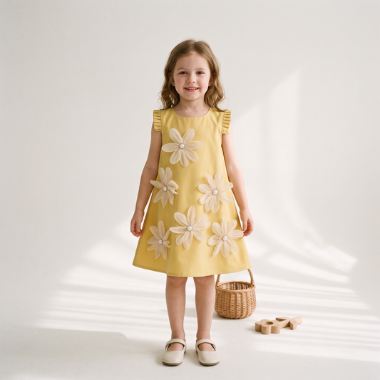 Lilo 3D Floral Sleeveless Summer Dress - Yellow
