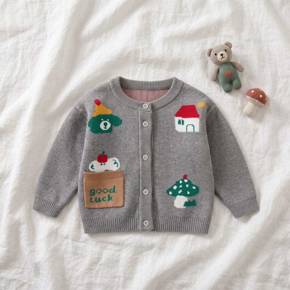 Lilo Baby Animal Knit Cardigan - Grey Good Luck