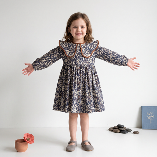 Lilo Floral Doll Collar Long Sleeve Dress - Navy Floral