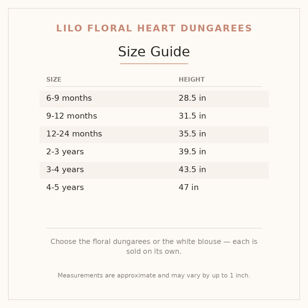 Lilo Floral Heart Dungarees size guide - age and height