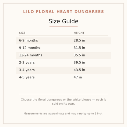 Lilo Floral Heart Dungarees size guide - age and height