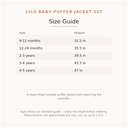 Lilo Baby Puffer Jacket Set size guide - age and height