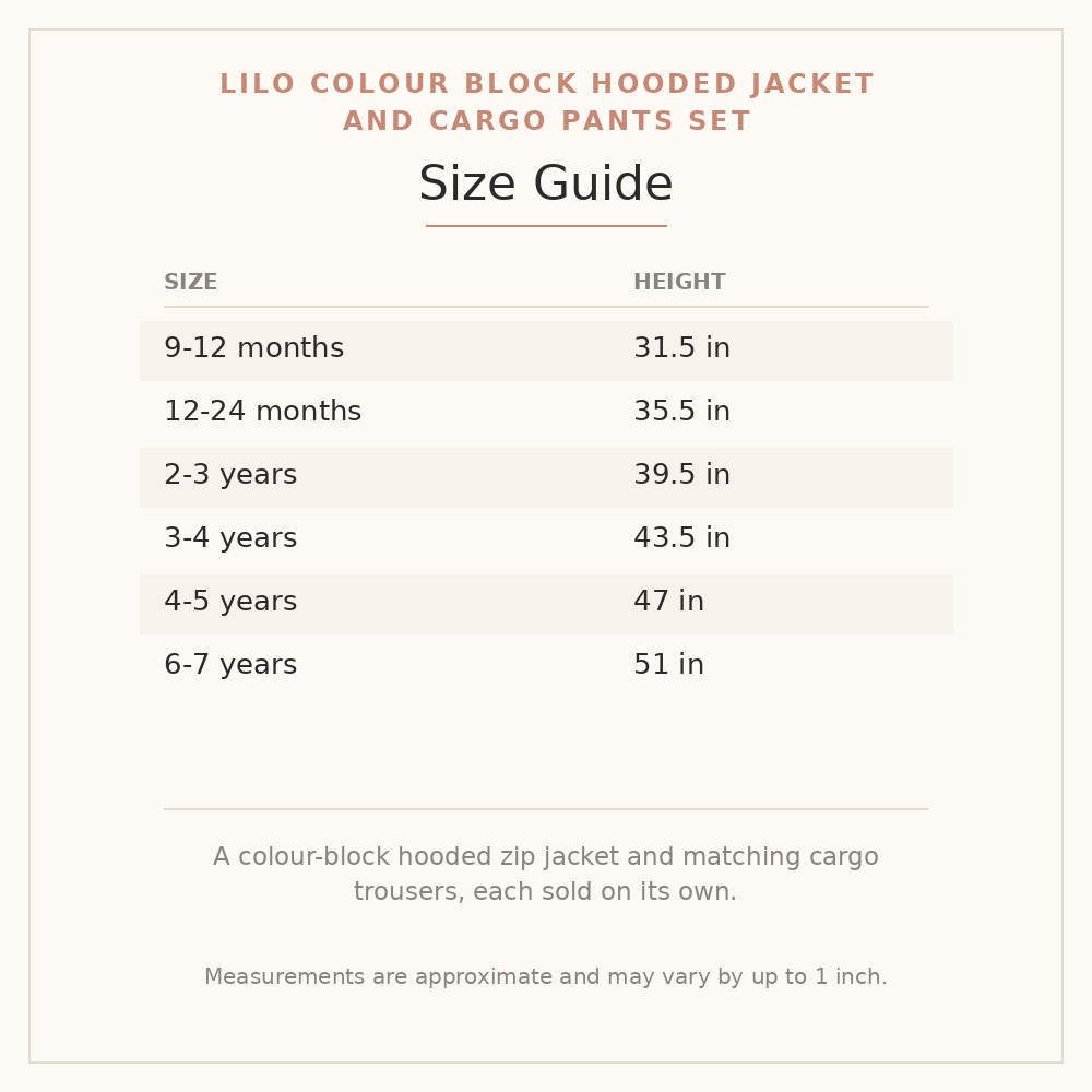 Lilo Colour Block Hooded Jacket and Cargo Pants Set size guide - age and height